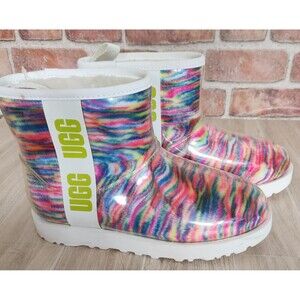 Ugg Rain Boots Women's Size 8 Classic Clear Mini Pixelate Rainbow Zebra Stripes
